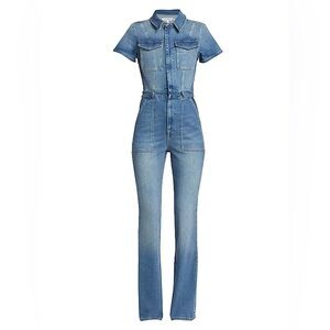 Good American Fit For Success stretch denim Flared jumpsuit in a mid-blue wash